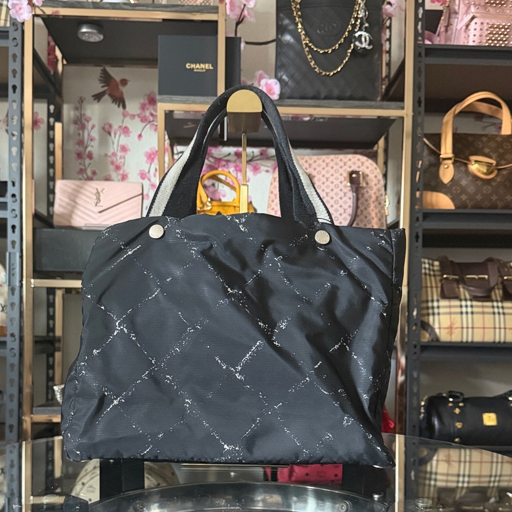 CHANEL Black Quilted Nylon Tote with Silver Accent